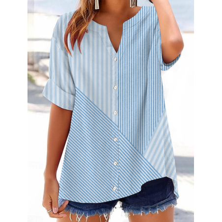 Women Striped Short Sleeve Shirt Summer Printing V Neck Daily Casual Top