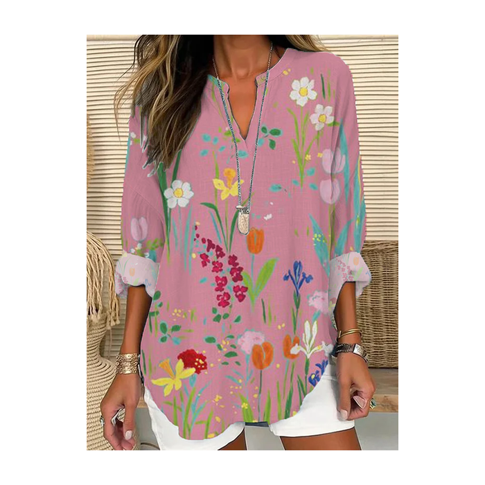 Women Floral Long Sleeve Blouse Spring/Fall Printing V Neck Daily Casual Top