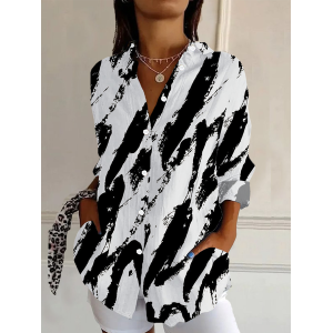 Women Abstract Long Sleeve Shirt Spring/Fall Buckle Shirt Collar Daily Casual Top