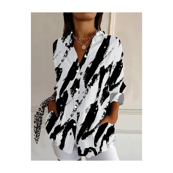 Women Abstract Long Sleeve Shirt Spring/Fall Buckle Shirt Collar Daily Casual Top