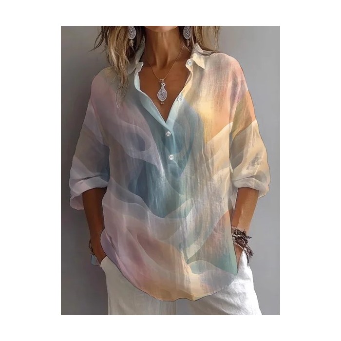 Women Abstract Long Sleeve Shirt Spring/Fall Printing Shirt Collar Daily Casual Top