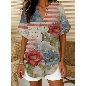 Women Floral Short Sleeve Shirt Summer Printing V Neck Daily Casual Top