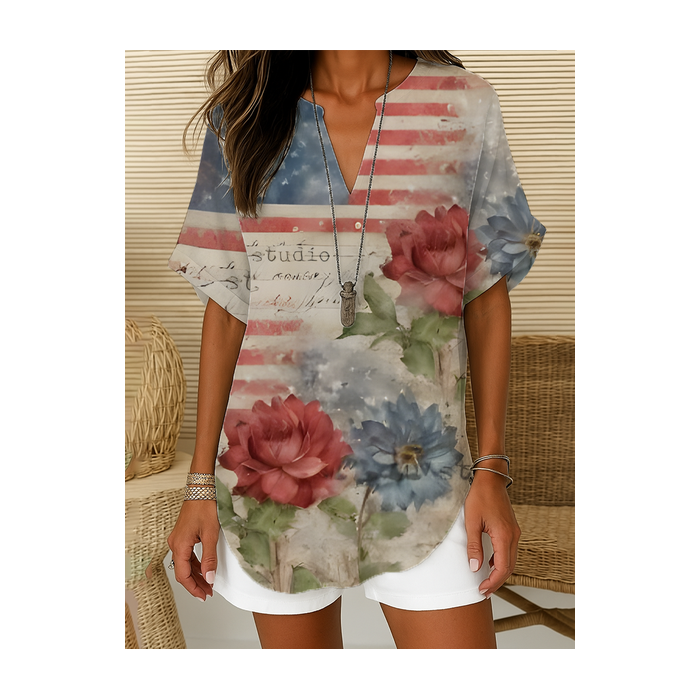Women Floral Short Sleeve Shirt Summer Printing V Neck Daily Casual Top