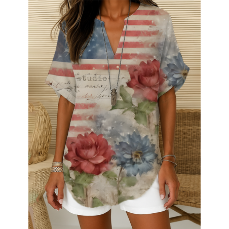 Women Floral Short Sleeve Shirt Summer Printing V Neck Daily Casual Top