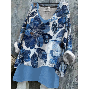 Women Floral Long Sleeve Blouse Spring/Fall Printing V Neck Daily Casual Top