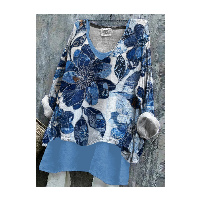 Women Floral Long Sleeve Blouse Spring/Fall Printing V Neck Daily Casual Top