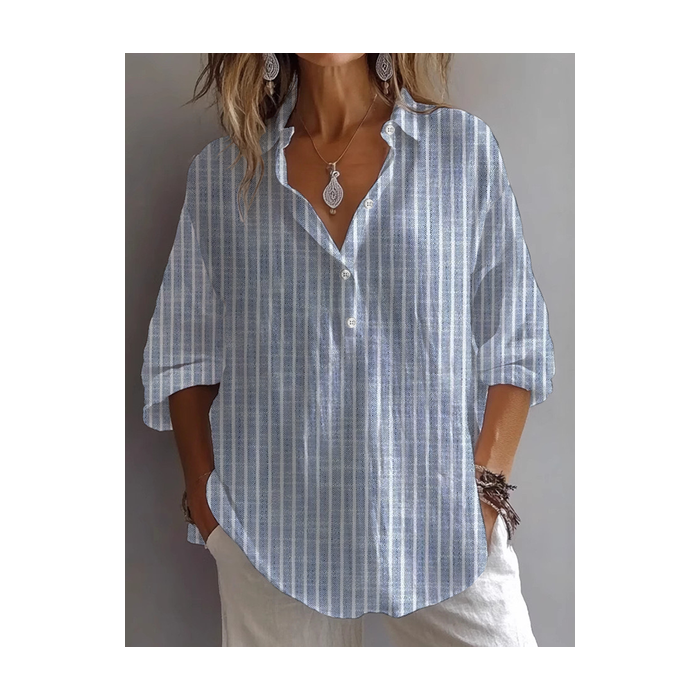 Women Striped Long Sleeve Shirt Spring/Fall Printing Shirt Collar Daily Casual Top