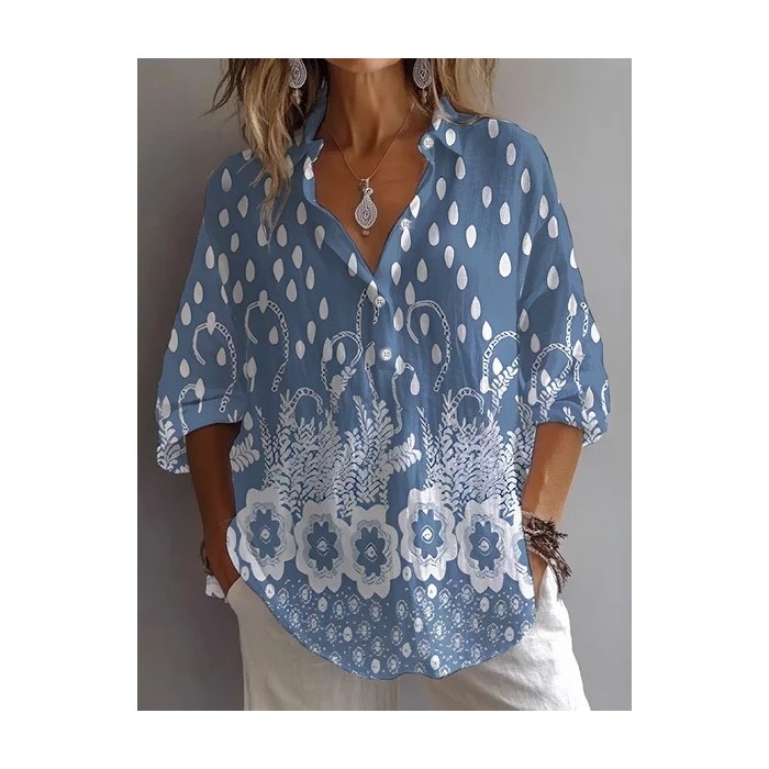 Women Floral Long Sleeve Shirt Spring/Fall Shirt Collar Daily Casual Top