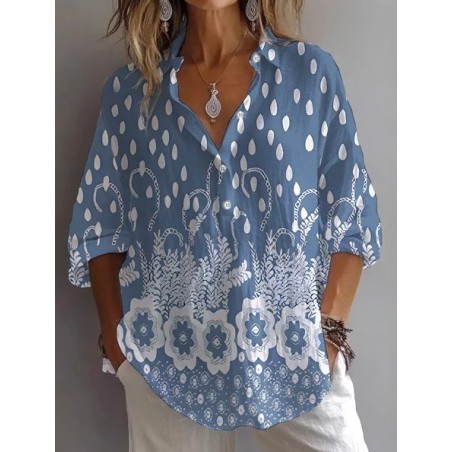 Women Floral Long Sleeve Shirt Spring/Fall Shirt Collar Daily Casual Top