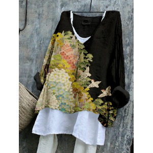 Women Floral Long Sleeve Blouse Spring/Fall Printing V Neck Daily Casual Top