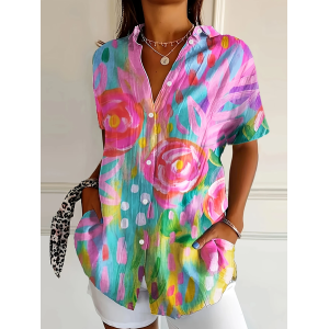 Women Floral Short Sleeve Shirt Summer Printing Shirt Collar Daily Casual Top