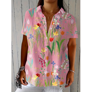 Women Floral Short Sleeve Shirt Summer Printing Shirt Collar Daily Casual Top