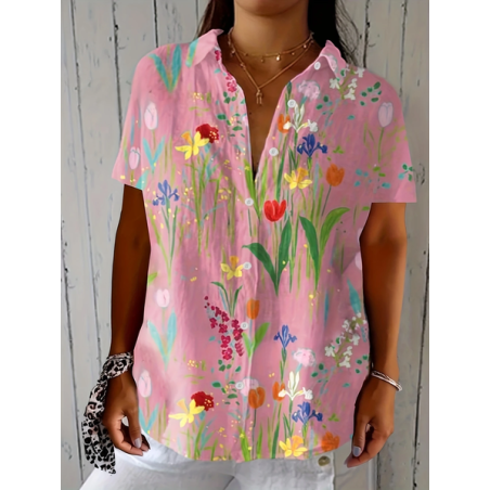 Women Floral Short Sleeve Shirt Summer Printing Shirt Collar Daily Casual Top