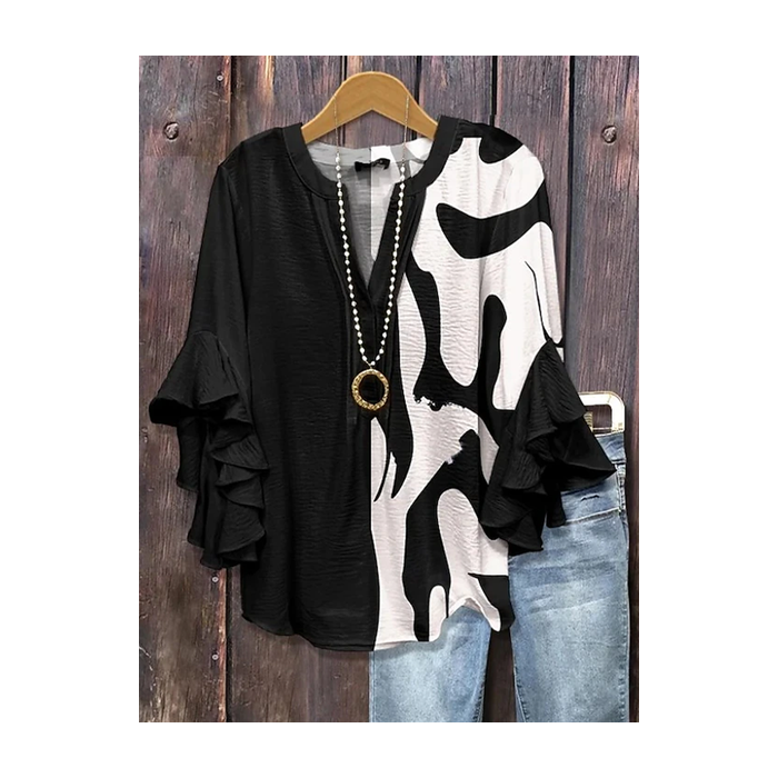 Women Abstract Half Sleeve Shirt Summer Printing V Neck Daily Casual Top
