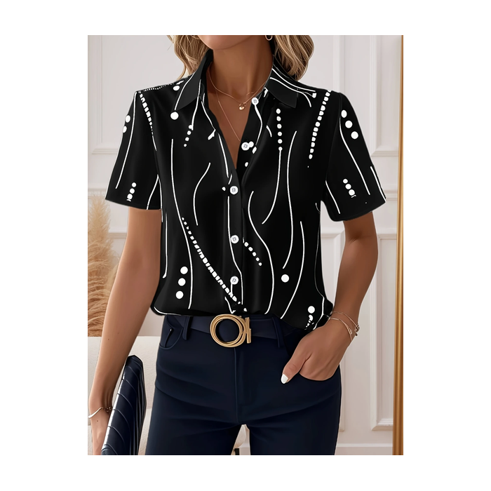 Women Abstract Stripes Short Sleeve Shirt Summer Printing Shirt Collar Daily Casual Top