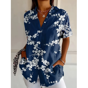 Women Floral Short Sleeve Shirt Summer Printing Shirt Collar Daily Casual Top
