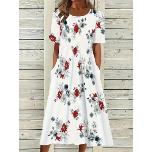 Women Floral Half Sleeve Summer Printing Dress Crew Neck Daily Casual Maxi A-Line Dress