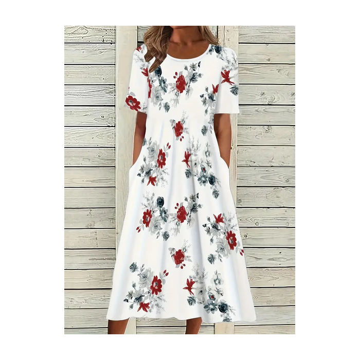 Women Floral Half Sleeve Summer Printing Dress Crew Neck Daily Casual Maxi A-Line Dress