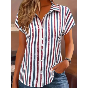 Women Striped Short Sleeve Shirt Summer Printing Shirt Collar Daily Casual Top
