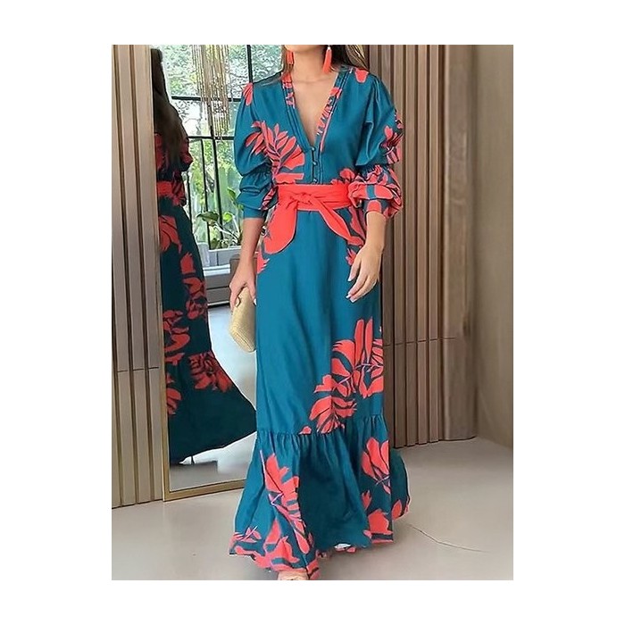 Women Floral Long Sleeve Spring/Fall Printing Dress V Neck Daily Vintage Maxi Ruffle Skirt A-Line Dress