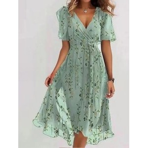 Women Floral Short Sleeve Summer Printing Dress V Neck Daily Vintage Maxi Ruffle Skirt A-Line Dress