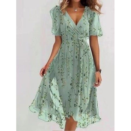 Women Floral Short Sleeve Summer Printing Dress V Neck Daily Vintage Maxi Ruffle Skirt A-Line Dress