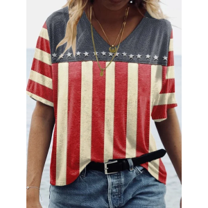 Women Independence Day (Flag) Short Sleeve Tee T-shirt V Neck Printing Casual Summer Graphic Tee Top