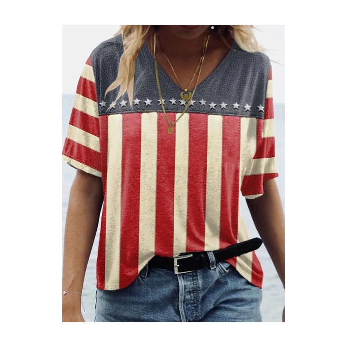Women Independence Day (Flag) Short Sleeve Tee T-shirt V Neck Printing Casual Summer Graphic Tee Top