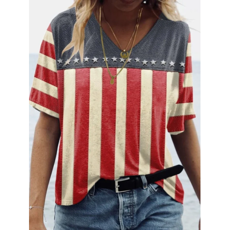 Women Independence Day (Flag) Short Sleeve Tee T-shirt V Neck Printing Casual Summer Graphic Tee Top