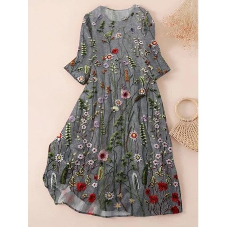 Women Floral Three Quarter Sleeve Spring/Fall Printing Dress Crew Neck Daily Casual Maxi Classic H-Line Dress