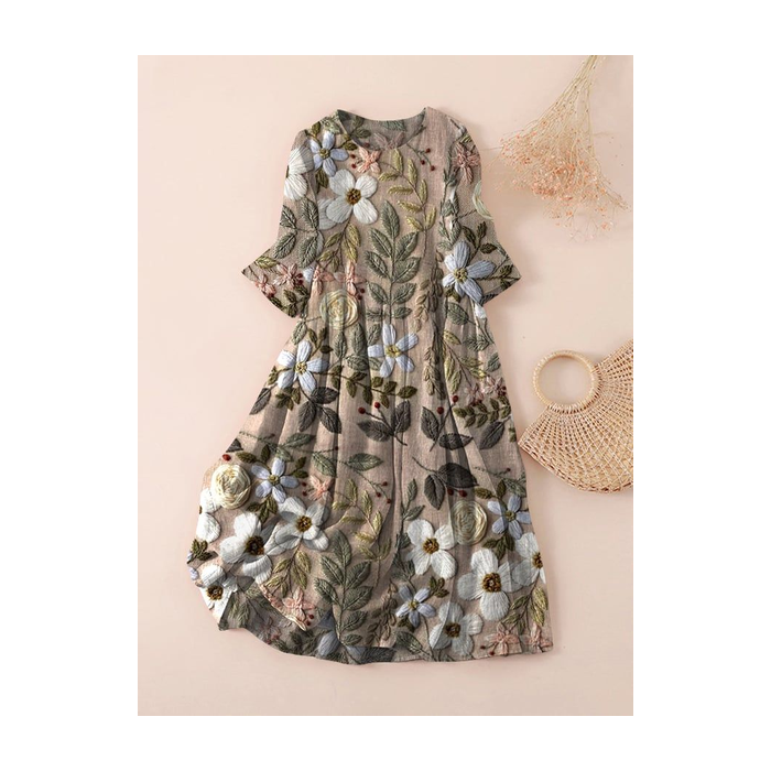 Women Floral Three Quarter Sleeve Spring/Fall Printing Dress Crew Neck Daily Casual Maxi Classic H-Line Dress