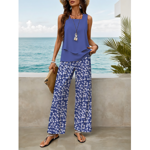 Women Floral Two-Piece Set Daily Sleeveless Casual Summer Top With Pants Matching Set