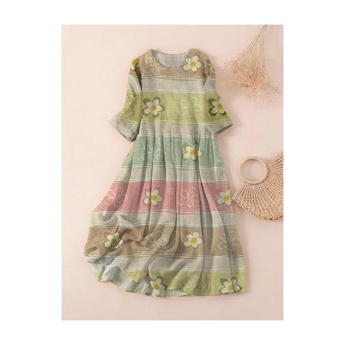 Women Floral Three Quarter Sleeve Spring/Fall Printing Dress Crew Neck Daily Casual Maxi Classic H-Line Dress