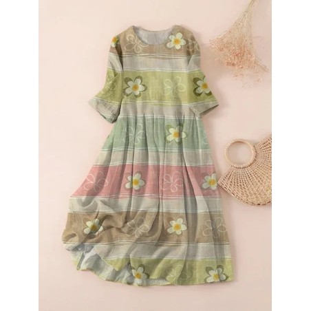 Women Floral Three Quarter Sleeve Spring/Fall Printing Dress Crew Neck Daily Casual Maxi Classic H-Line Dress