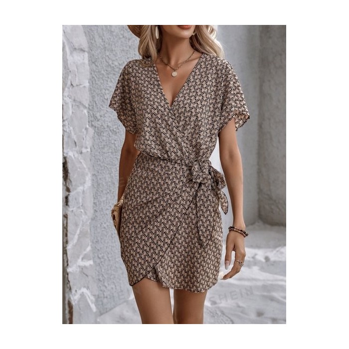Women Geometric Short Sleeve Summer Asymmetric Dress V Neck Dolman Sleeve Daily Vintage Midi Tank A-Line Dress
