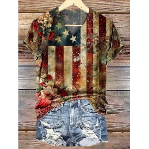 Women Floral Short Sleeve Tee T-shirt V Neck Printing Casual Summer Graphic Tee Top