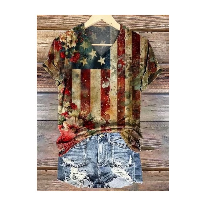 Women Floral Short Sleeve Tee T-shirt V Neck Printing Casual Summer Graphic Tee Top