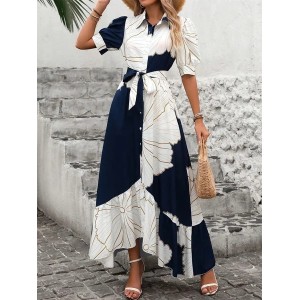 Women Geometric Short Sleeve Summer Printing Dress V Neck Puff Sleeve Daily Casual Maxi Shirt Dress A-Line Dress