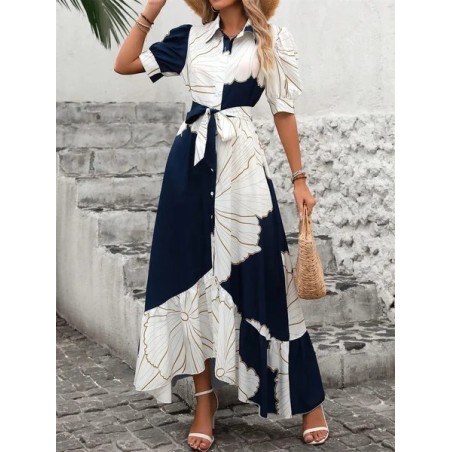 Women Geometric Short Sleeve Summer Printing Dress V Neck Puff Sleeve Daily Casual Maxi Shirt Dress A-Line Dress