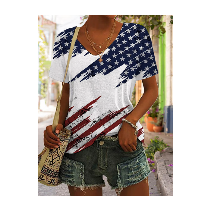 Women Independence Day (Flag) Short Sleeve Tee T-shirt V Neck Printing Casual Summer Graphic Tee Top