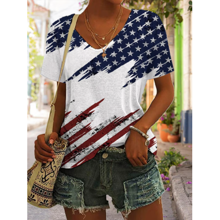 Women Independence Day (Flag) Short Sleeve Tee T-shirt V Neck Printing Casual Summer Graphic Tee Top