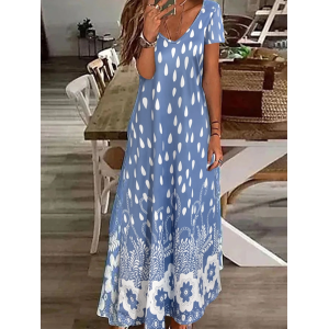 Women Floral Short Sleeve Summer Printing Dress V Neck Daily Casual Maxi X-Line Dress