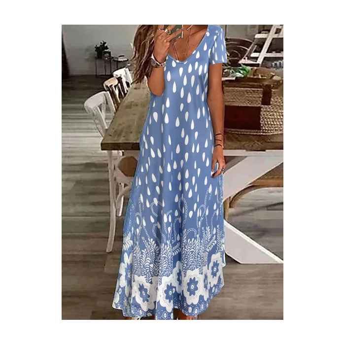 Women Floral Short Sleeve Summer Printing Dress V Neck Daily Casual Maxi X-Line Dress