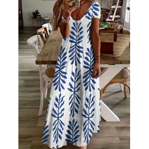 Women Floral Short Sleeve Summer Printing Dress V Neck Daily Casual Maxi X-Line Dress