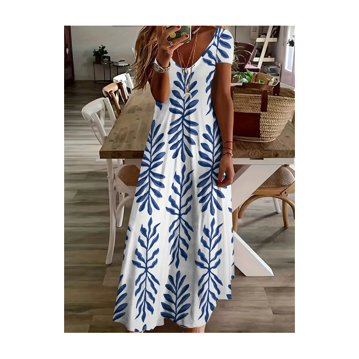 Women Floral Short Sleeve Summer Printing Dress V Neck Daily Casual Maxi X-Line Dress