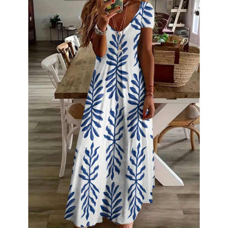 Women Floral Short Sleeve Summer Printing Dress V Neck Daily Casual Maxi X-Line Dress