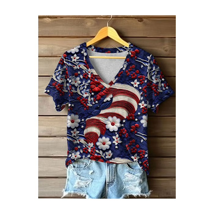 Women Floral Short Sleeve Tee T-shirt V Neck Printing Casual Summer Graphic Tee Top