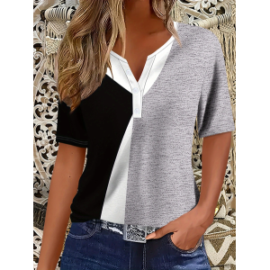 Women Contrast Stitching Short Sleeve Tee T-shirt Crew Neck Printing Casual Summer Graphic Tee Top