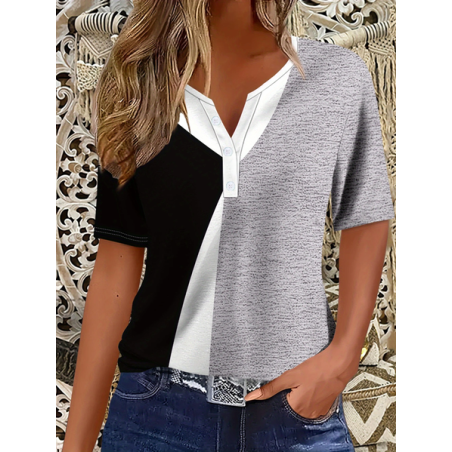 Women Contrast Stitching Short Sleeve Tee T-shirt Crew Neck Printing Casual Summer Graphic Tee Top