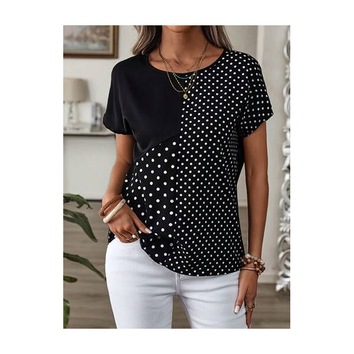 Women Polka Dots Short Sleeve Tee T-shirt Crew Neck Printing Casual Summer Graphic Tee Top